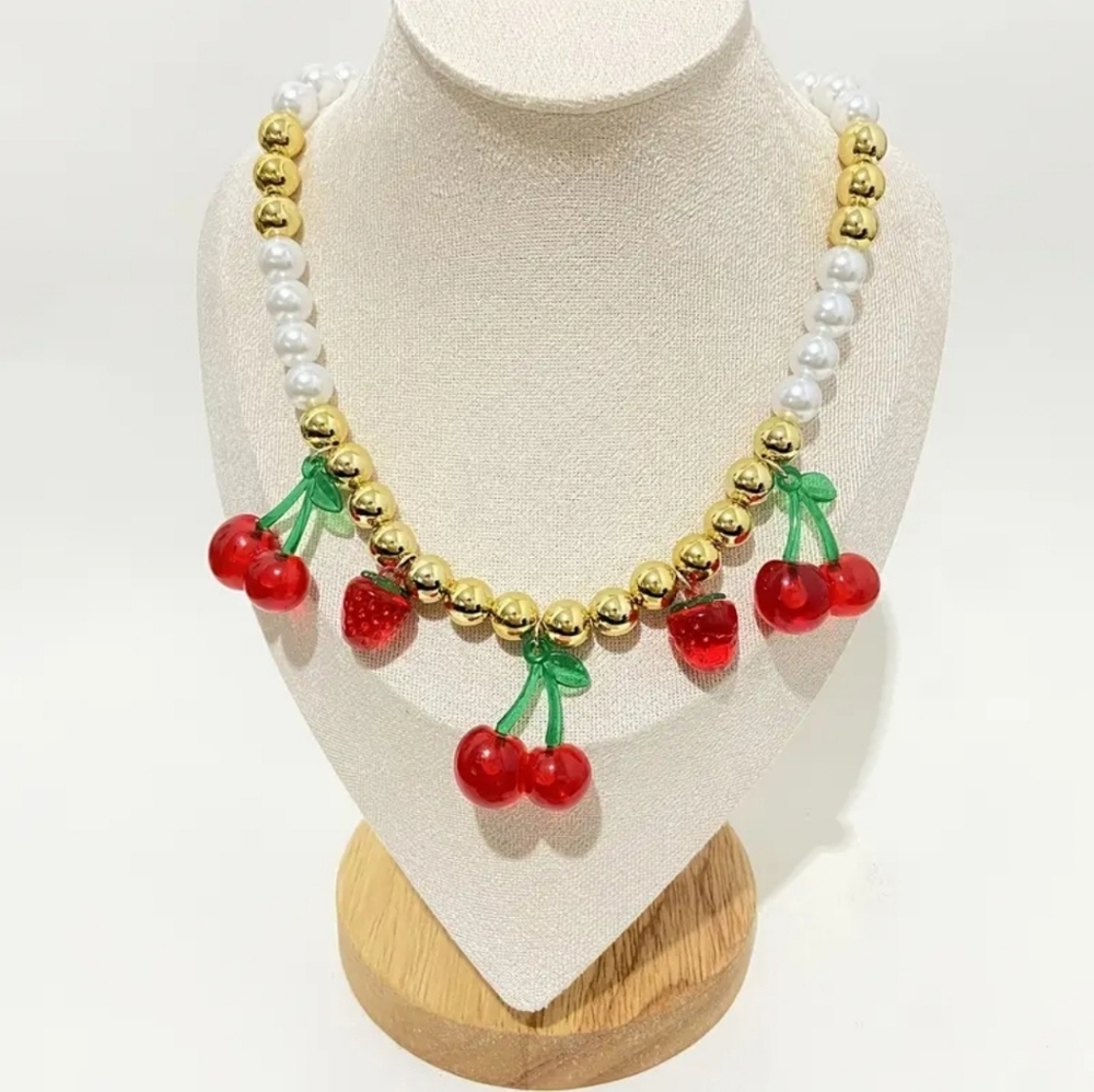 BOLD 🍒 Cherry Necklace. Large Cherry Charms Gold And White Pearl Beads.